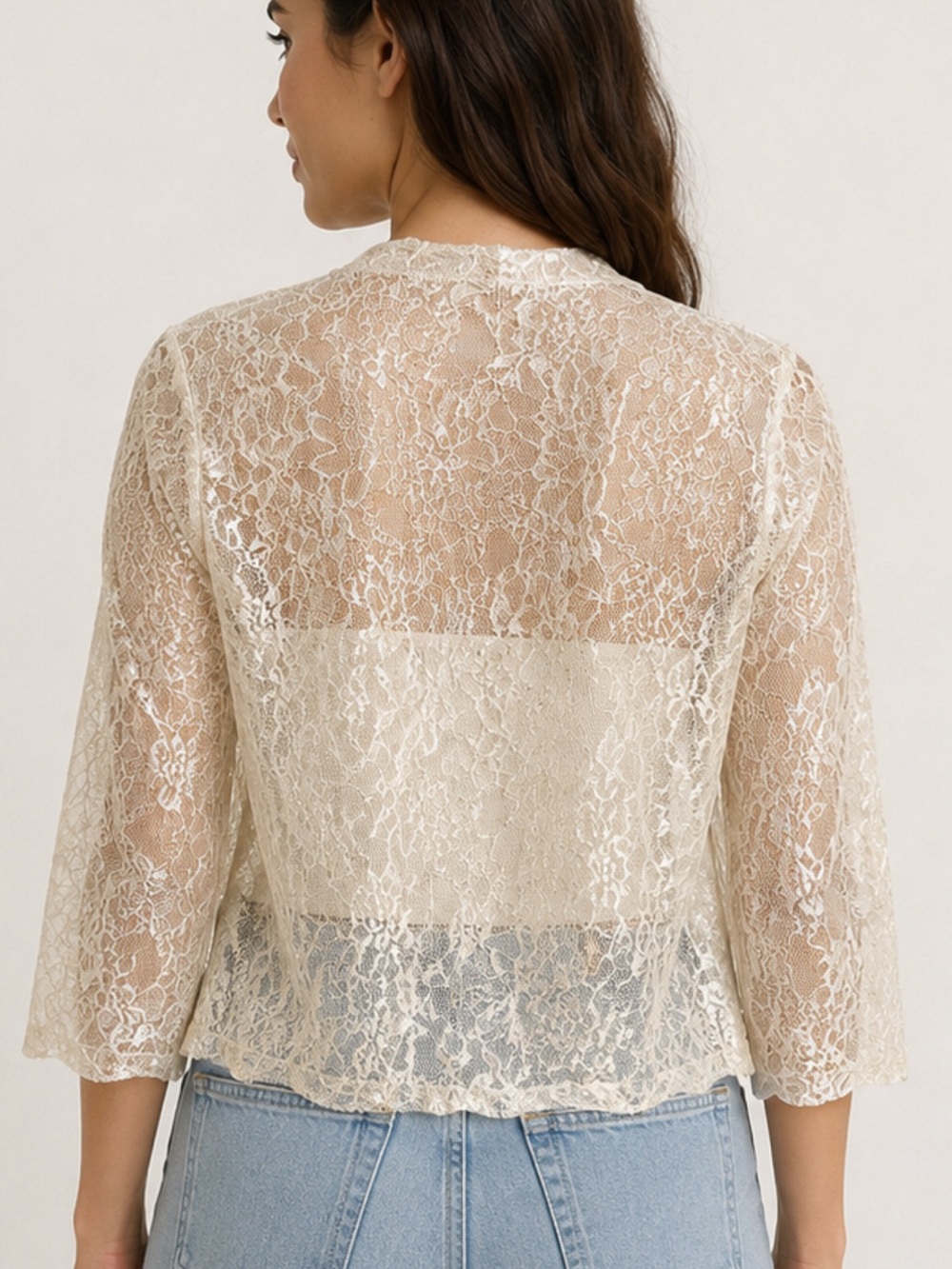 Sheer Lace Open-Front Cardigan - Cream - Picture 2 of 3